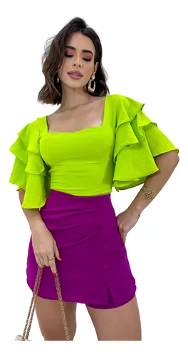 Short Saia Feminino Alfaiataria Cintura Alta Plissado Fenda