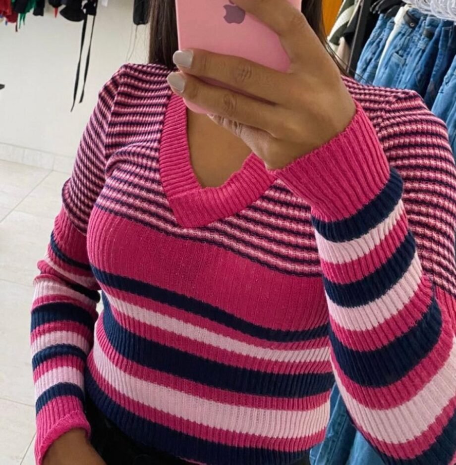 Blusa Cacharrel Gola Alta Garrafinha Tricot Manga Longa