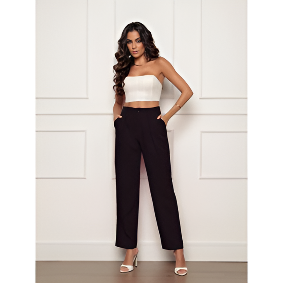 Calça Reta Social Elegante Cintura Alta Com Pregas Bolsos Na Lateral e Botão Estilo Perolado Zíper