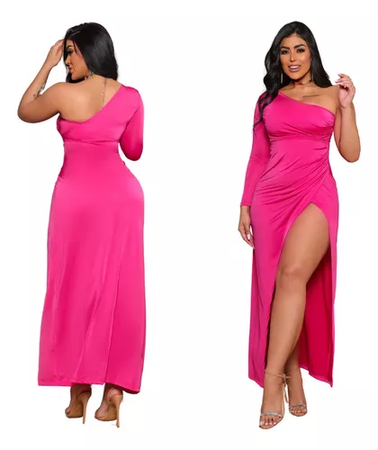 Vestido Longo Fenda Nula Manga Detalhe Em Drapeado