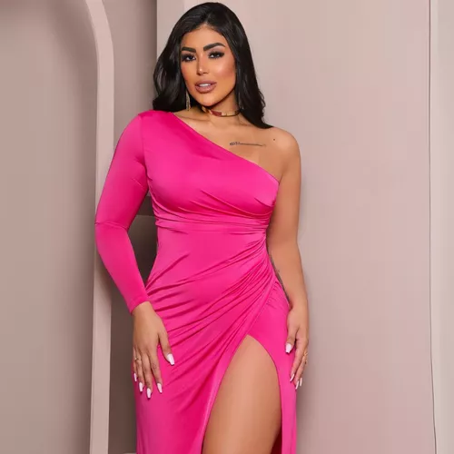 Vestido Longo Fenda Nula Manga Detalhe Em Drapeado