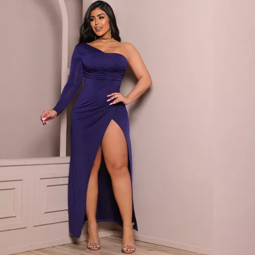 Vestido Longo Fenda Nula Manga Detalhe Em Drapeado