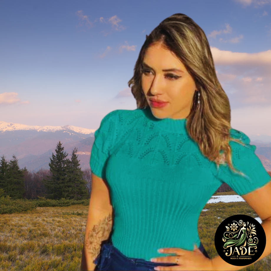 Blusa Feminina Gola Alta Manga Curta De Tricô Inverno